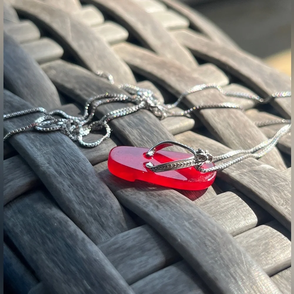 NEW Sterling Silver Red Jade Flip-Flop Slipper Shoe Pendant Necklace Beach